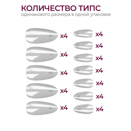 Типсы Миндаль острый маленький р-ы 0-11 прозрачные 48 шт.