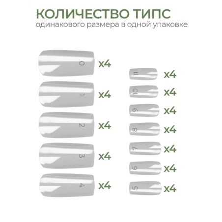 Типсы Квадрат средний глянцевый р-ы 0-11, 48 шт.