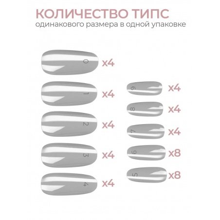 Типсы Овал круглые глянцевые прозрачные р-ы 0-9, 48 шт.