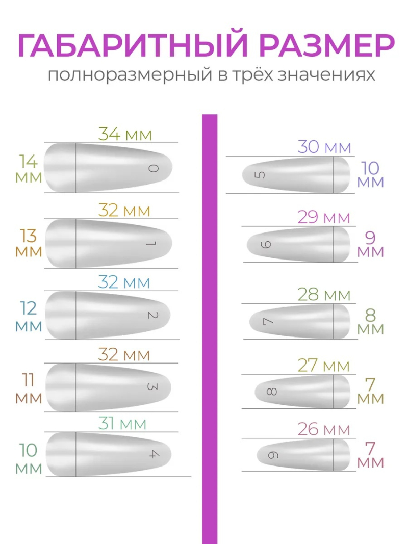 Купить типсы Миндаль Long матовые прозрачные р-ы 0-9, 48 шт.