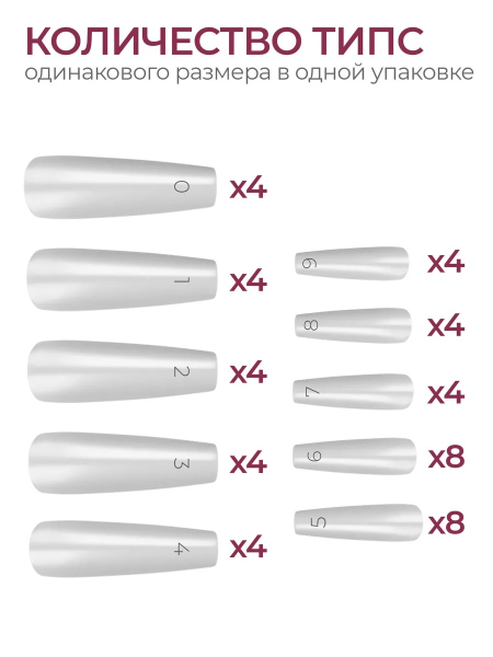 Купить типсы Балерина длинная матовые прозрачные р-ы 0-9, 48 шт.