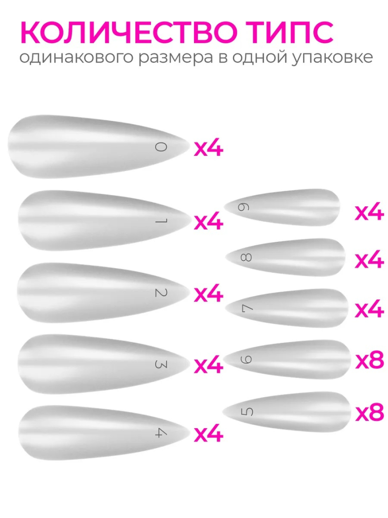 Купить типсы Стилет стандарт матовые прозрачные р-ы 0-9, 48 шт.