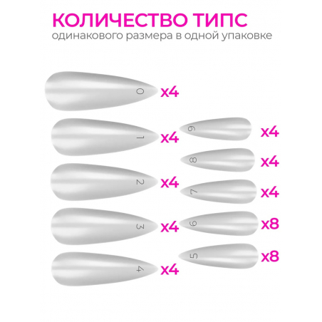 Типсы Стилет стандарт матовые прозрачные р-ы 0-9, 48 шт.