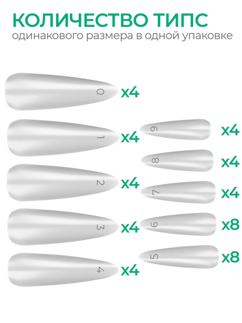 Купить типсы Стилет длинные матовые прозрачные р-ы 0-9, 48 шт.