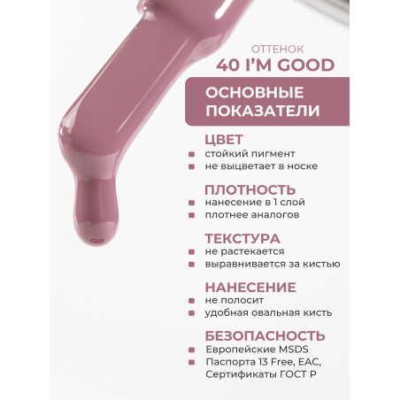 Пыльный нюд гель лак для покрытия ногтей ICON №40 I'm good 13 мл