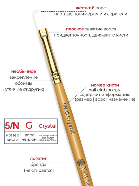 Купить маникюрную кисть для моделирования ногтей гелем 5N/G Crystal Nail Club
