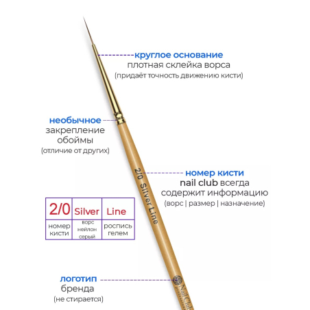 Купить универсальную маникюрную кисть для росписи ногтей гелями 2/0 Silver Line Nail Club