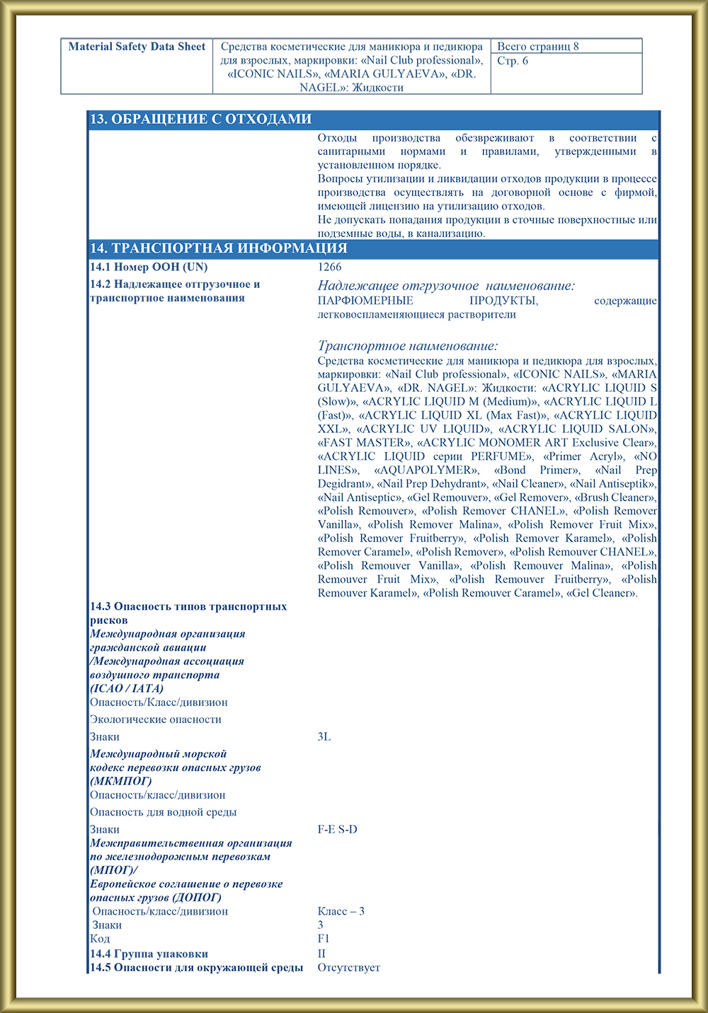 Паспорт безопасности химической продукции MSDS Nail Club (профессиональные жидкости) стр.6